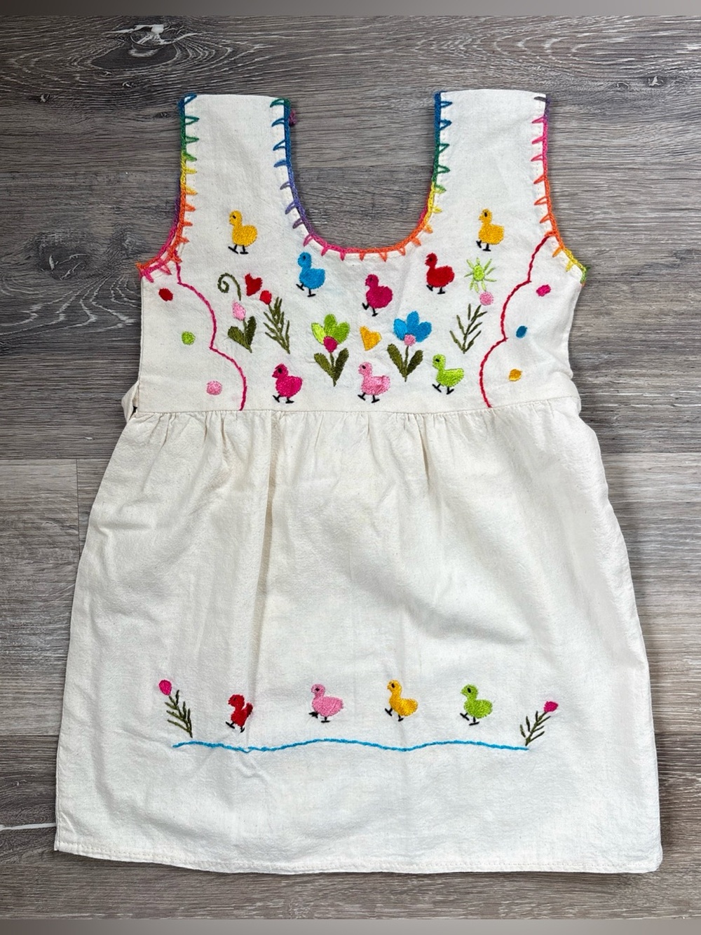 Mexican Hand Embroidered Folkloric Artesania Floral Toddler Dress Colorful Ducks